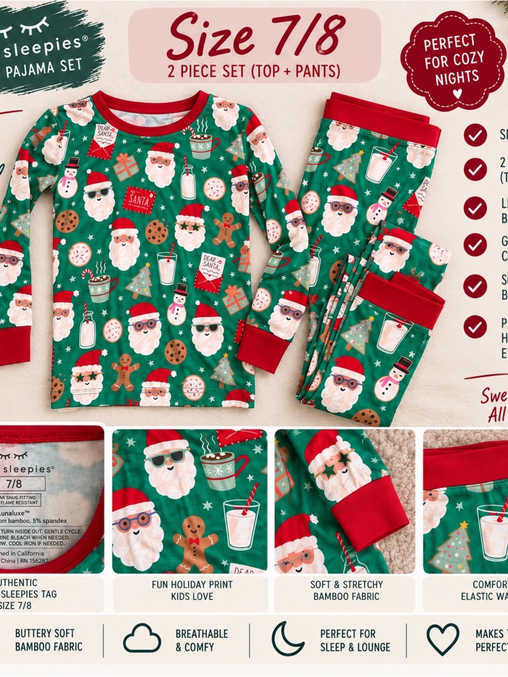 Little Sleepies BambooSanta Print Pajama Set - Size 7/8